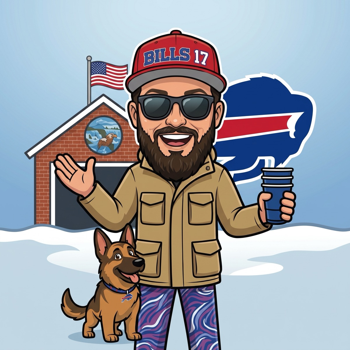 Cartoon of Martin in a Bills cap waving next to his garage and dog